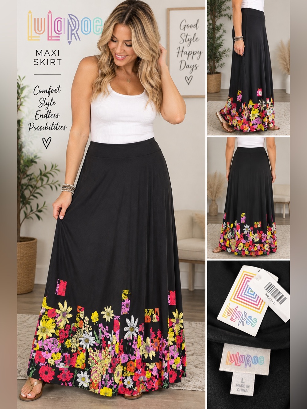 NWT LuLaRoe Maxi Dress Large Black Floral Border Sleeveless Boho